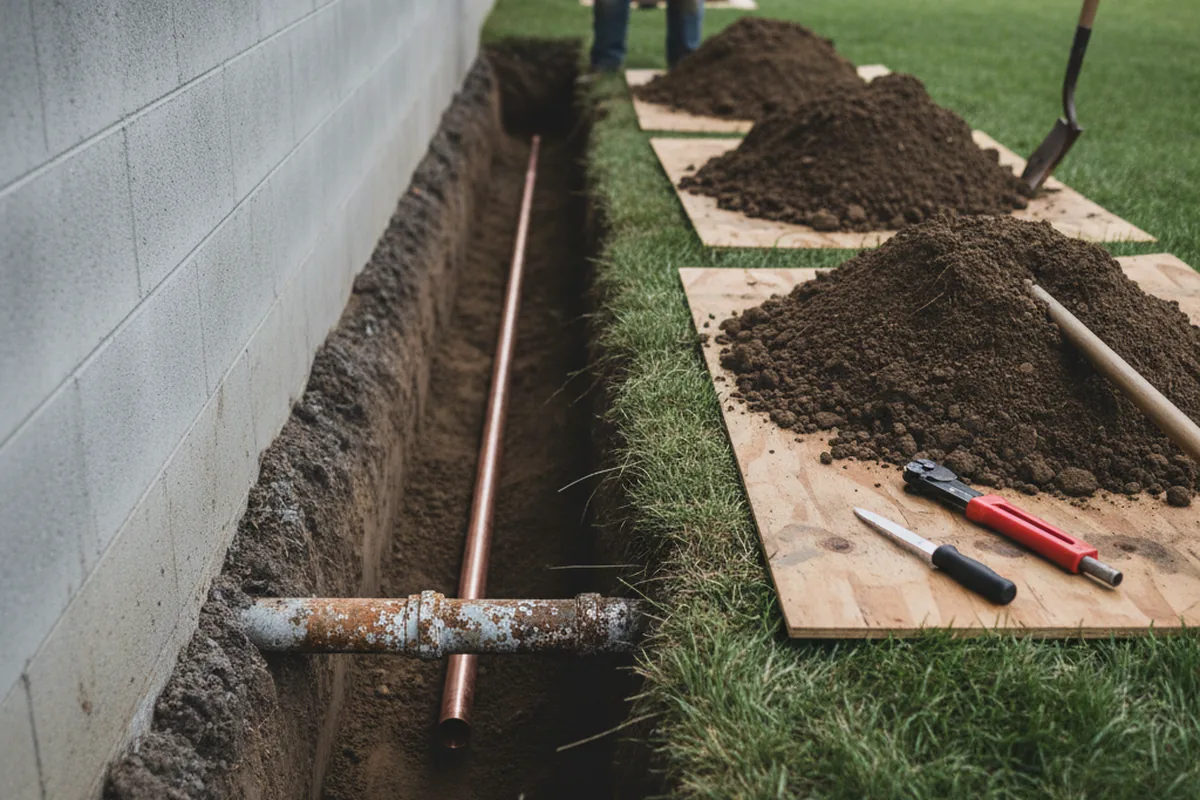 Excavated water line trench during Water Softener Installation in Means